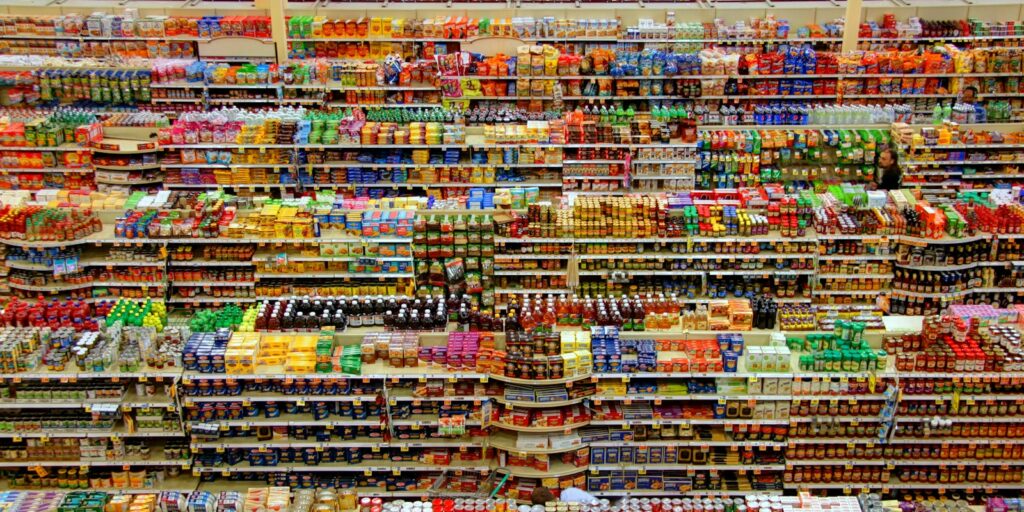 high-angle photography of grocery display gondola